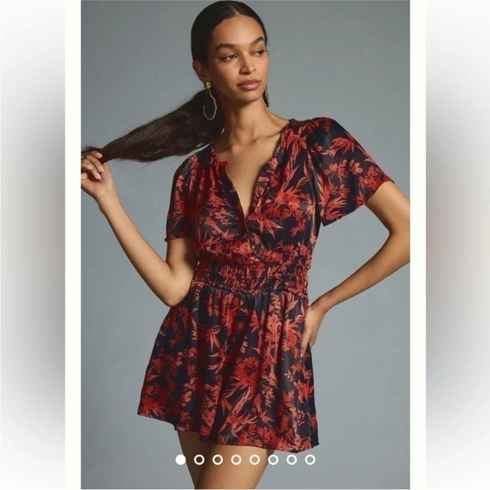Anthropologie Navy and Rust Red Floral Shorts Romper